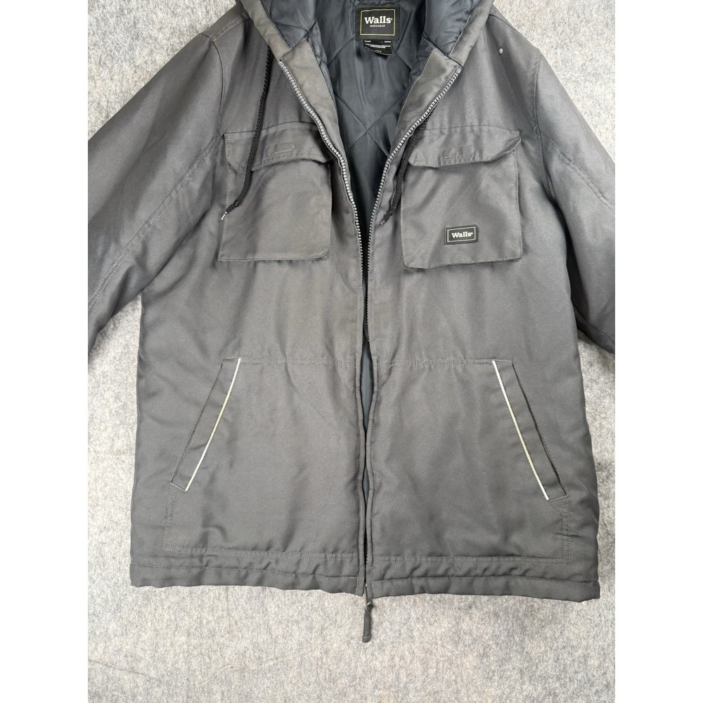 Walls‎ Workwear Jacket Mens Large Black Hooded Full Zip Quilted Lined Coat